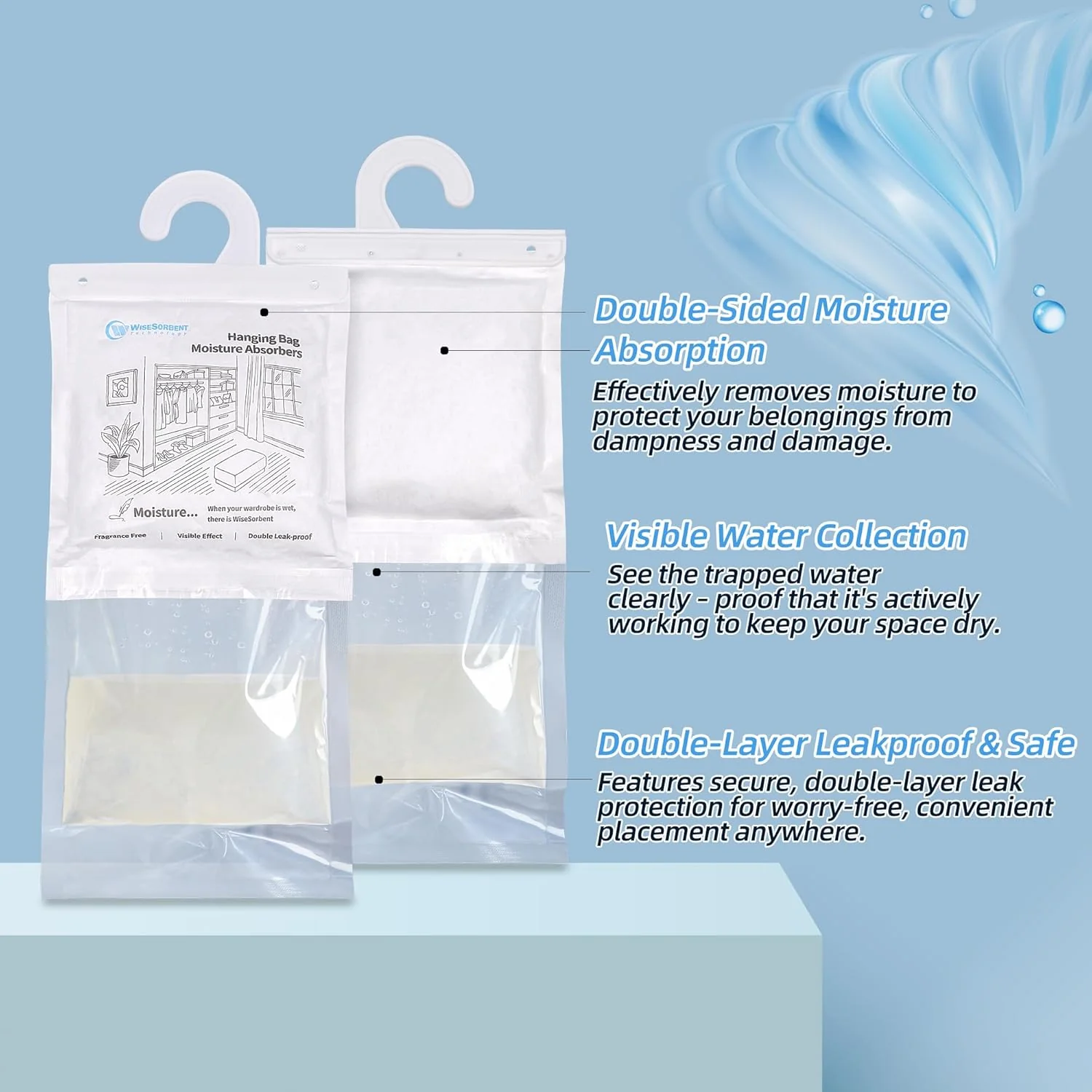 Moisture Absorber Hanging Bags - 17.6 oz Fragrance-Free Large Dehumidifier for Closet, Bathroom, Bedroom – Double Leak-Proof Design & Dual-Sided Absorption - Image 3