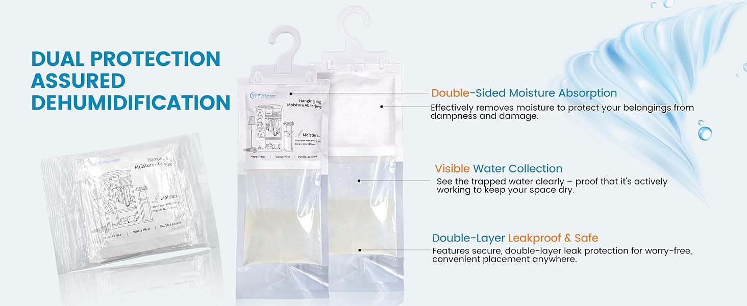 Moisture Absorber Hanging Bags - 17.6 oz Fragrance-Free Large Dehumidifier for Closet, Bathroom, Bedroom – Double Leak-Proof Design & Dual-Sided Absorption - Image 9
